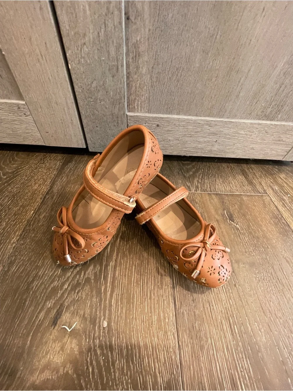 Girls' Tan Mary Jane Flats with Laser-Cut Detail - Picture 1 of 3